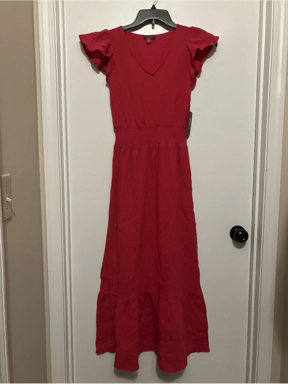 Vince Camuto Women's Gauzy Smocked-Waist Ruffled Dress, Geranium, XS - Picture 3 of 5